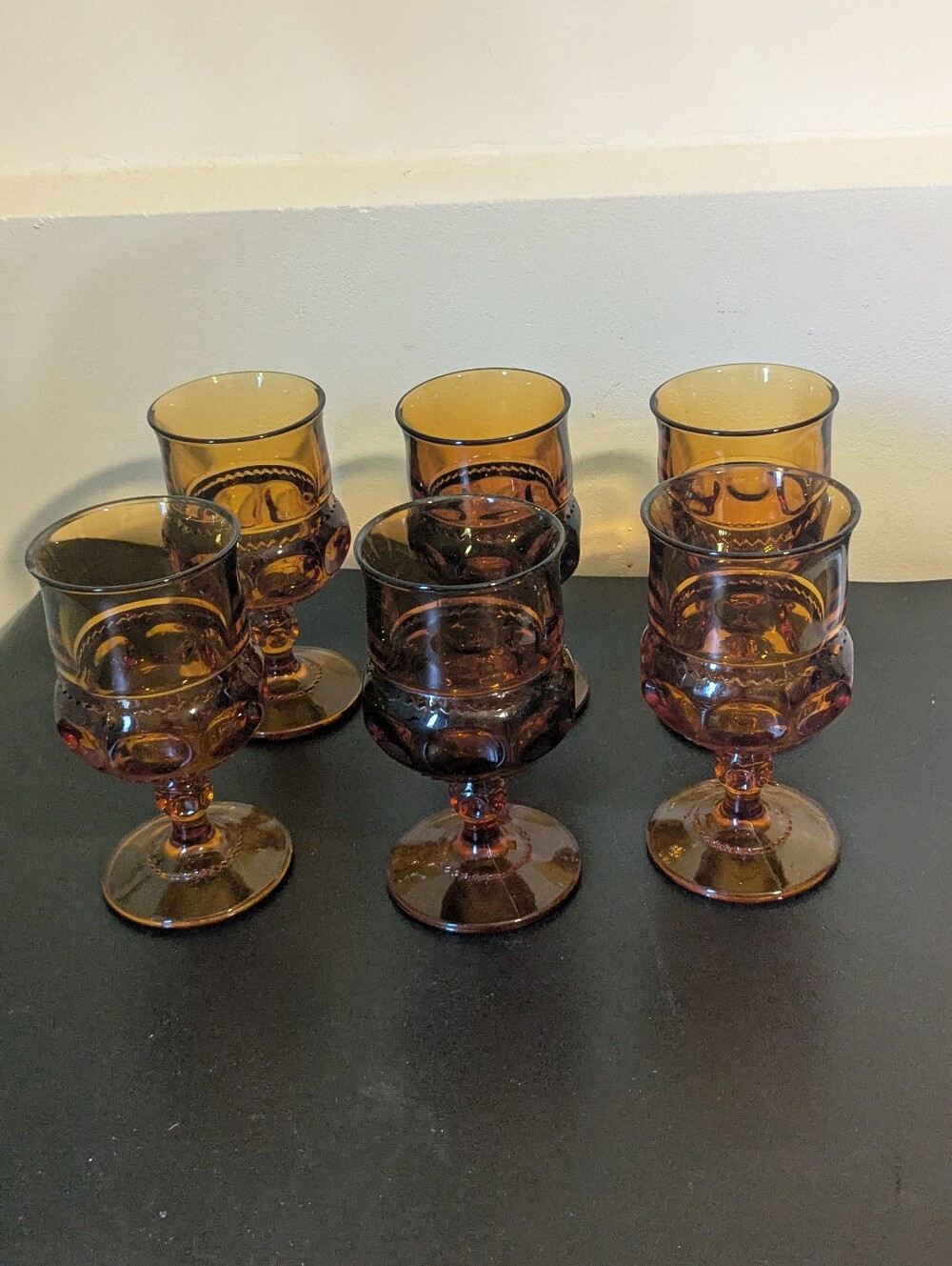 Indiana Amber Pedestal Kings Crown Thumbprint 8 Ounces Glasses Set Of Six
